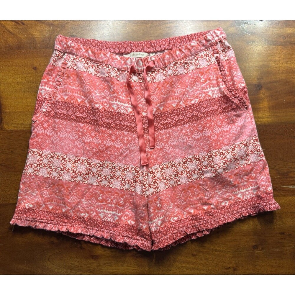 Surroundings Shorts Small S Pink Geometric Tile Stripe Ruffle Trim Knit 6”
